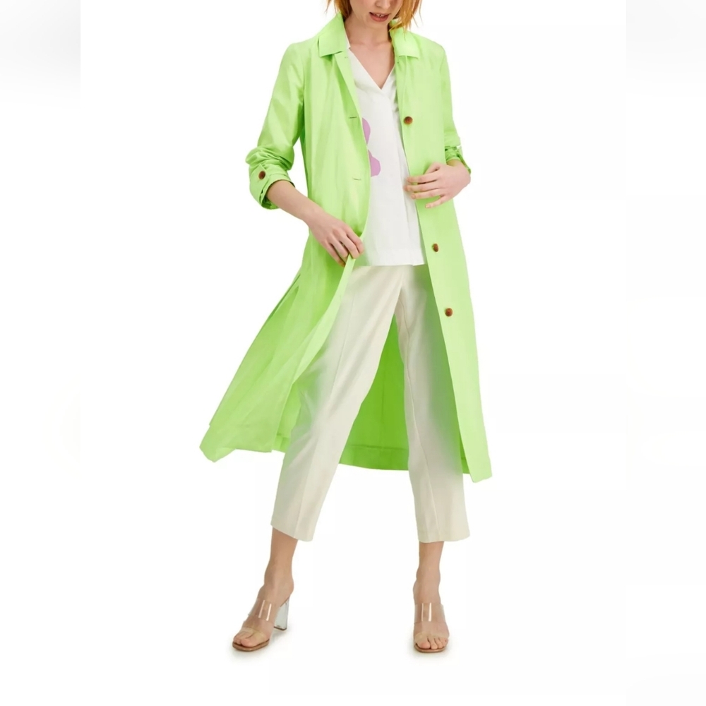 ALFANI Womens Retro Trench Coat Lime Peel Green Pleated Back Buttons Size Large